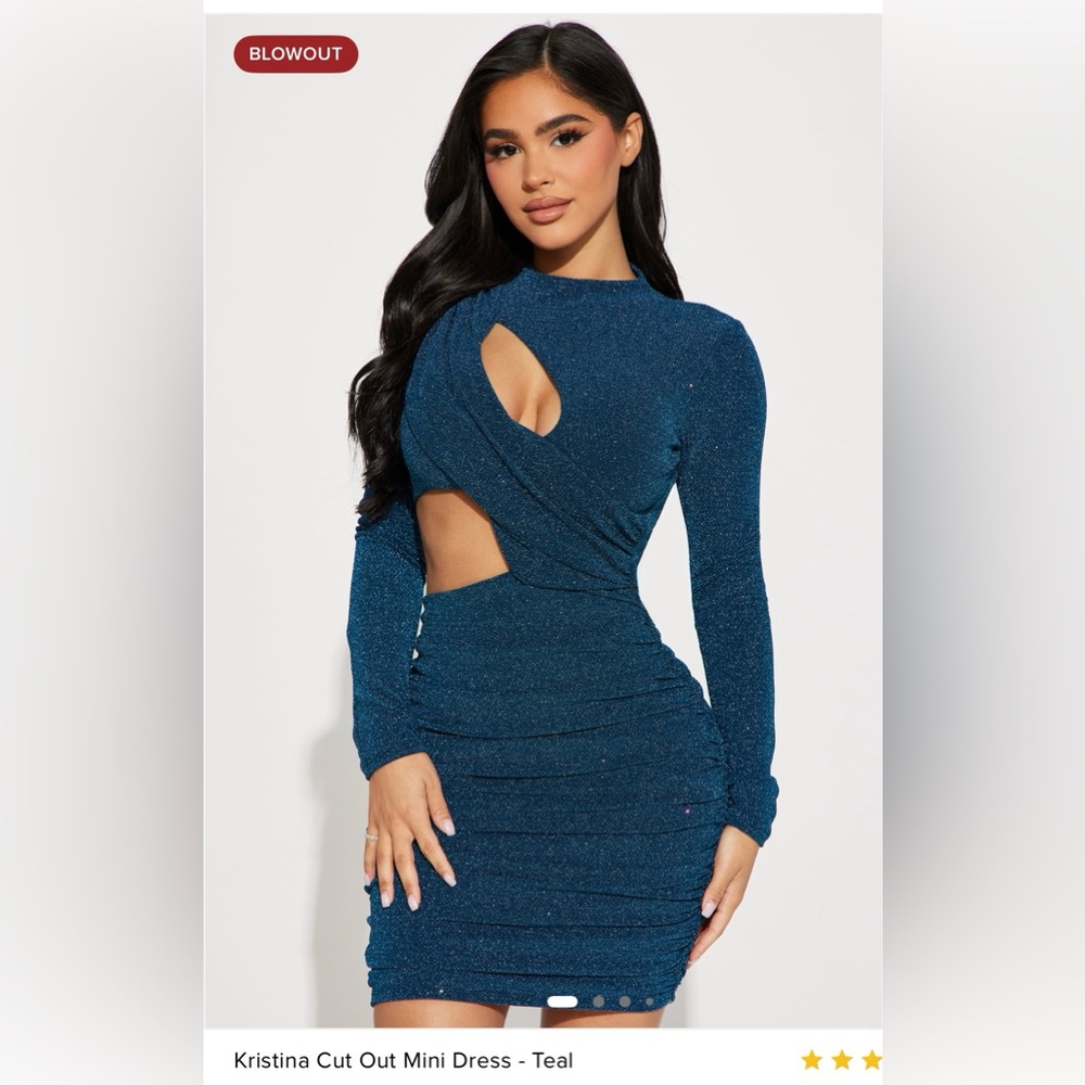 Fashion Nova Teal Long Sleeve Cut-Out Dress